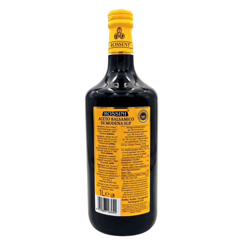 Étiquette arrière du vinaigre balsamique Rossini I.G.P. 1L, avec composition, informations nutritionnelles et origine italienne.