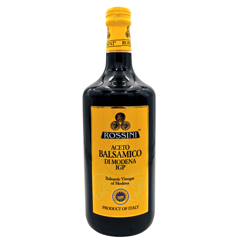 Face avant de la bouteille de vinaigre balsamique de Modène I.G.P. Rossini 1L, produit italien authentique.