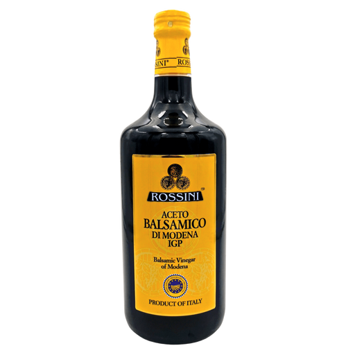 Face avant de la bouteille de vinaigre balsamique de Modène I.G.P. Rossini 1L, produit italien authentique.