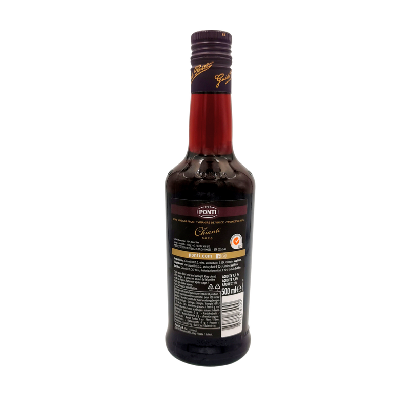 Face arrière de la bouteille de vinaigre de vin rouge Ponti Chianti D.O.C.G. 500ml, avec détails des ingrédients, degré d’acidité et informations nutritionnelles.