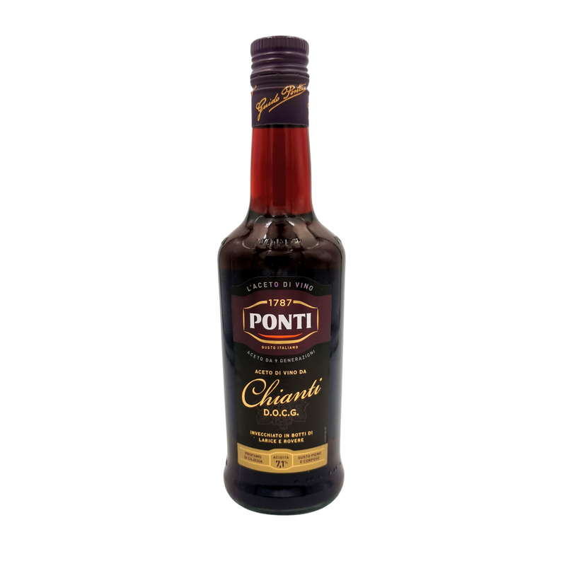 Face avant de la bouteille de vinaigre de vin Chianti D.O.C.G. 500ml de la marque Ponti, vieilli en fût de larice et de rouvre, goût rond et corsé.