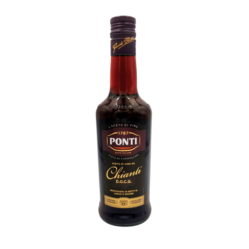 Face avant de la bouteille de vinaigre de vin Chianti D.O.C.G. 500ml de la marque Ponti, vieilli en fût de larice et de rouvre, goût rond et corsé.