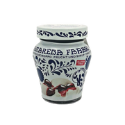 Bocal de cerises Amarena Fabbri au sirop, étiquette multilingue avec ingrédients