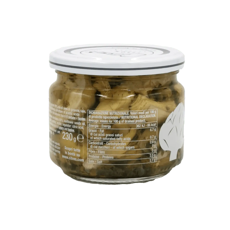 Valeurs nutritionnelles des artichauts grillés Citres 230g, produit italien.