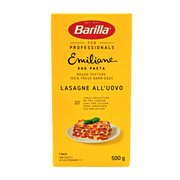 Pâtes à lasagne aux œufs Emiliane, Barilla Professionals, 500g, texture rugueuse, sans pré-cuisson, recette italienne.
