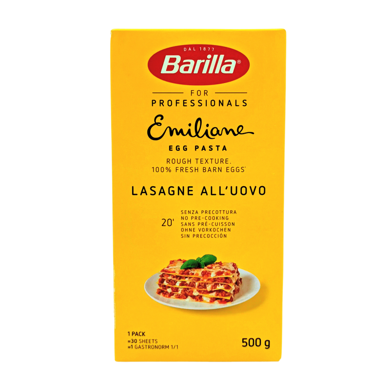 Pâtes à lasagne aux œufs Emiliane, Barilla Professionals, 500g, texture rugueuse, sans pré-cuisson, recette italienne.