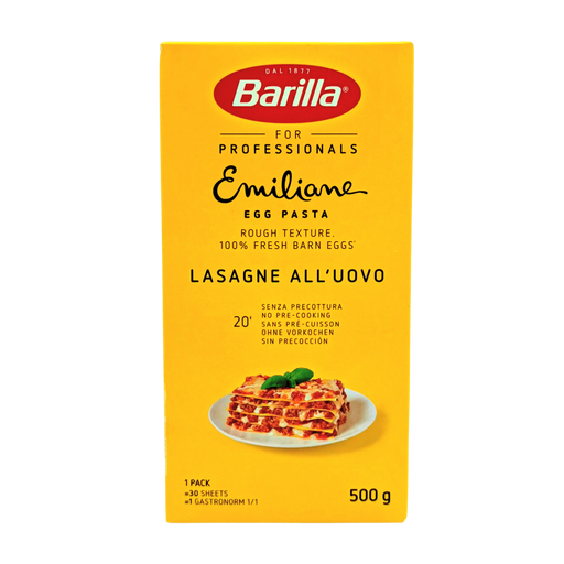Pâtes à lasagne aux œufs Emiliane, Barilla Professionals, 500g, texture rugueuse, sans pré-cuisson, recette italienne.