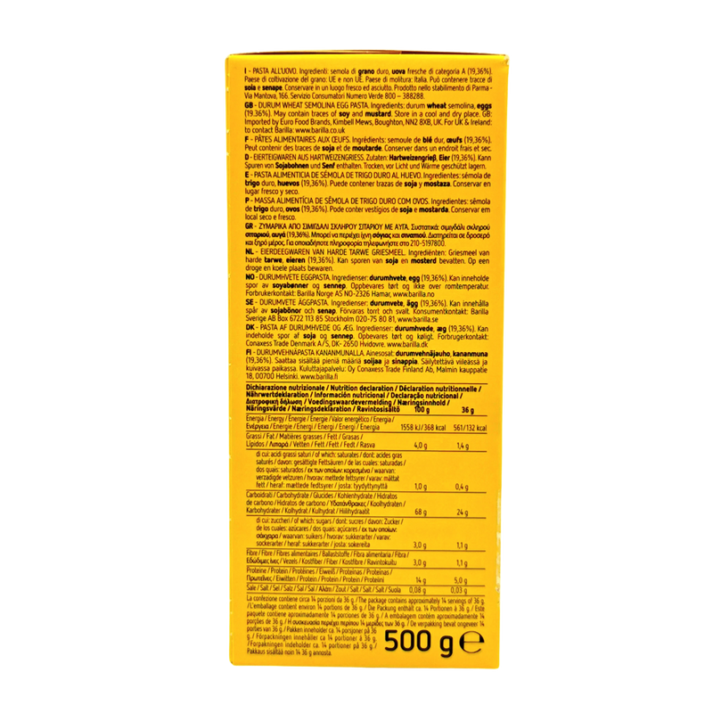 Ingrédients et valeurs nutritionnelles des pâtes à lasagne aux œufs Emiliane, Barilla Professionals, 500g.