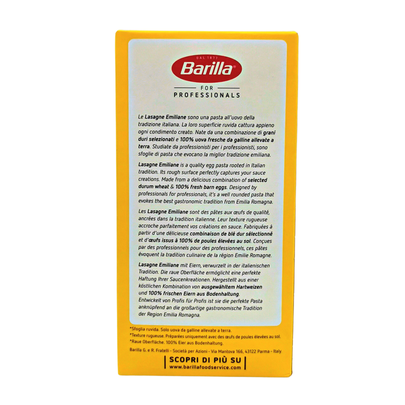 Présentation des pâtes à lasagne Emiliane, Barilla Professionals, 500g, fabriquées avec des œufs frais et du blé dur sélectionné.