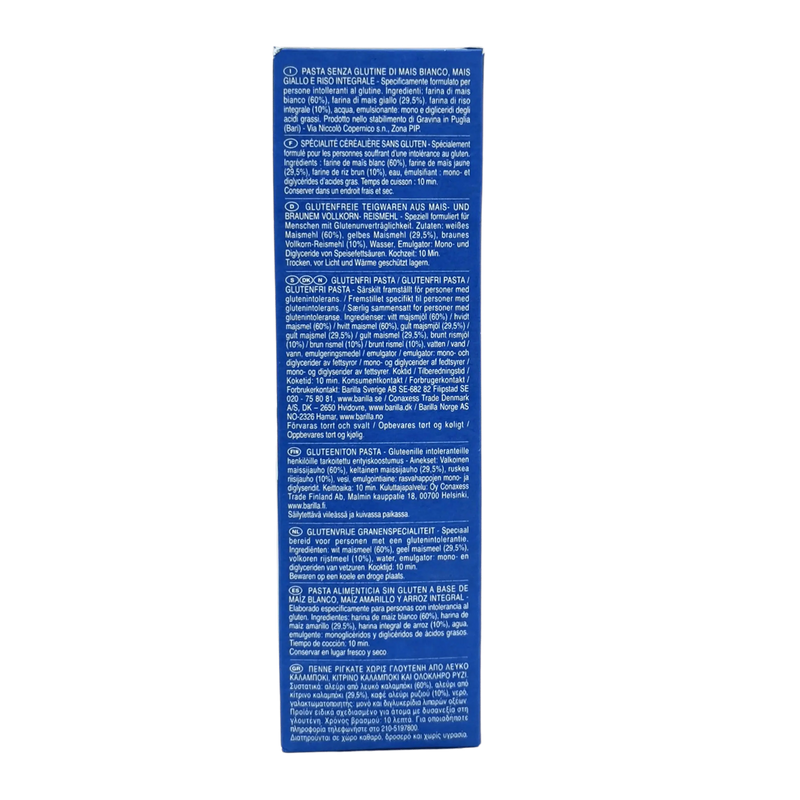 Penne Rigate sans gluten Barilla à base de maïs et riz - 400g, côté de l'emballage avec description et ingrédients.