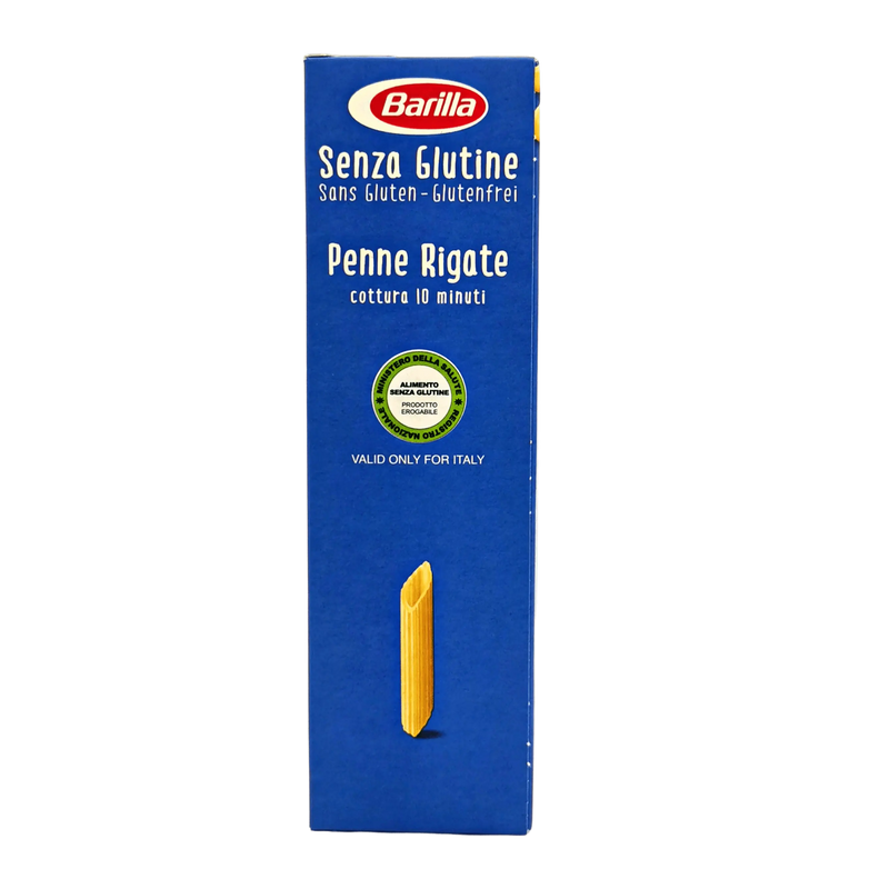 Penne Rigate sans gluten Barilla à base de maïs et riz - 400g, vue latérale de l'emballage.