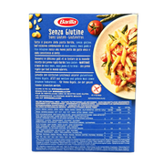 Penne Rigate sans gluten Barilla à base de maïs et riz - 400g, emballage face arrière avec informations nutritionnelles.
