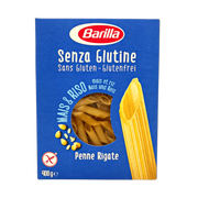 Penne Rigate sans gluten Barilla à base de maïs et riz - 400g, emballage face avant.