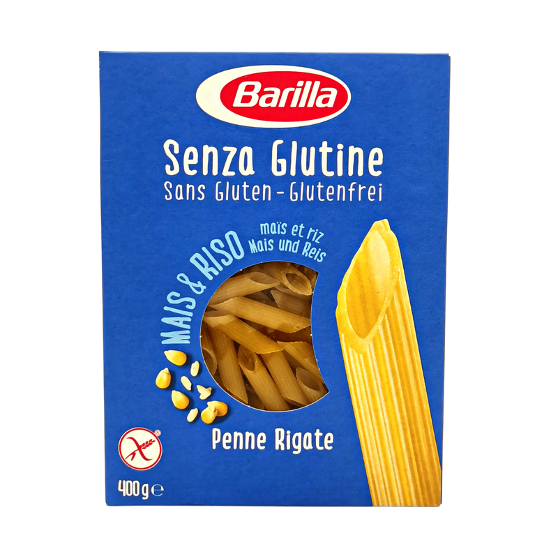 Penne Rigate sans gluten Barilla à base de maïs et riz - 400g, emballage face avant.