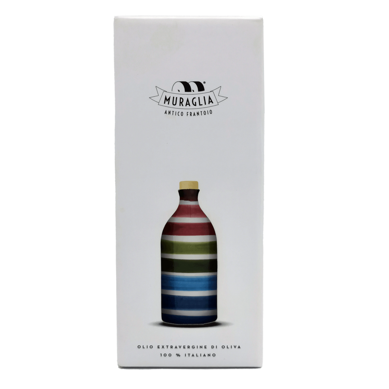 Coffret cadeau contenant une bouteille de 50cl d'huile d'olive extra vierge Muraglia Fruttato Intenso, en céramique artisanale.
