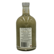 Bouteille de liqueur Crema di Pistacchio Morelli 50cl avec étiquette arrière indiquant les ingrédients et les informations de production