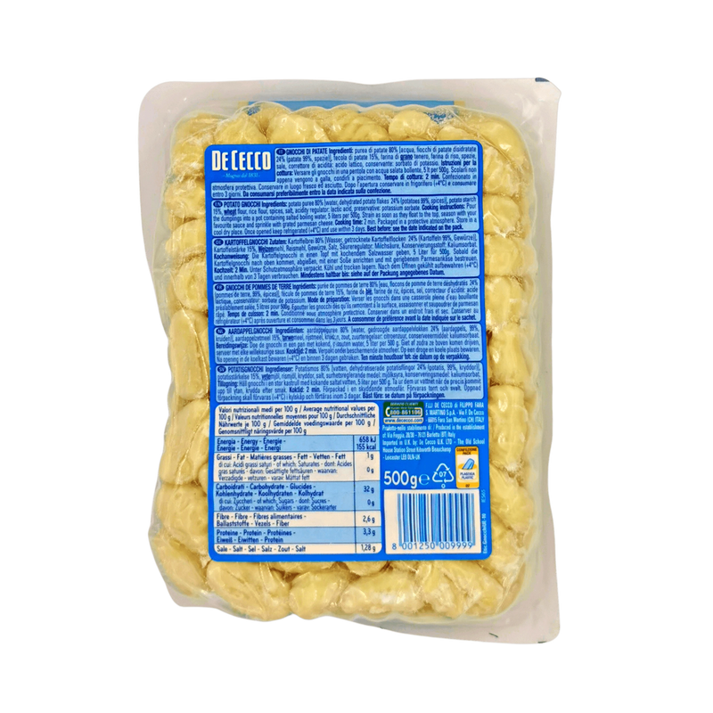 Informations et ingrédients des gnocchi de pommes de terre De Cecco 500g au dos du paquet