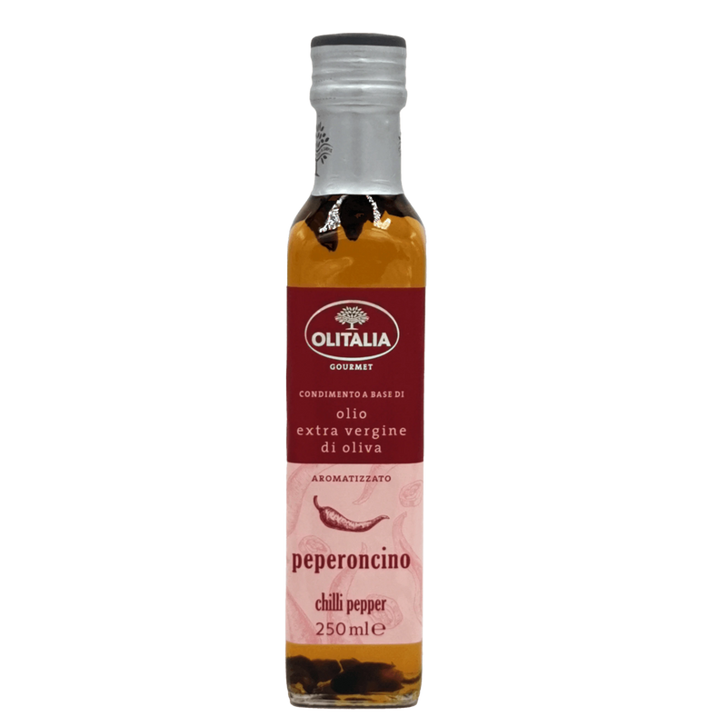 Huile d'olive extra vierge Olitalia aromatisée au piment - Bouteille de 250ml, face avant.