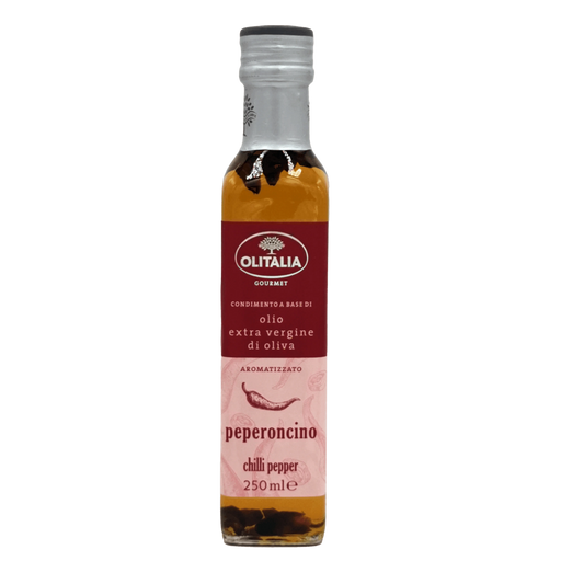 Huile d'olive extra vierge Olitalia aromatisée au piment - Bouteille de 250ml, face avant.