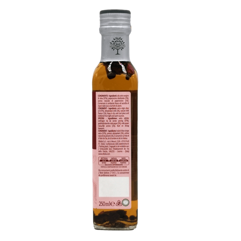 Ingrédients de l'huile d'olive extra vierge Olitalia au piment - Bouteille de 250ml.