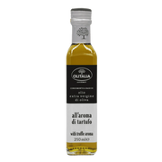 Bouteille d'huile d'olive extra vierge Olitalia à l'arôme de truffe - 250ml, design gourmet noir et blanc avec logo Olitalia.