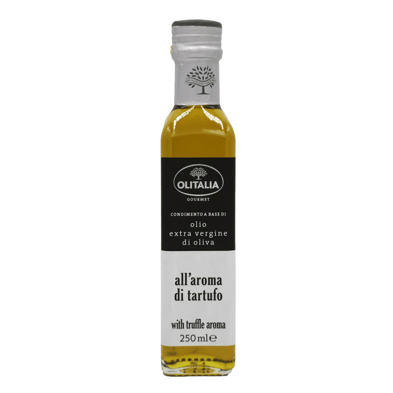 Bouteille d'huile d'olive extra vierge Olitalia à l'arôme de truffe - 250ml, design gourmet noir et blanc avec logo Olitalia.