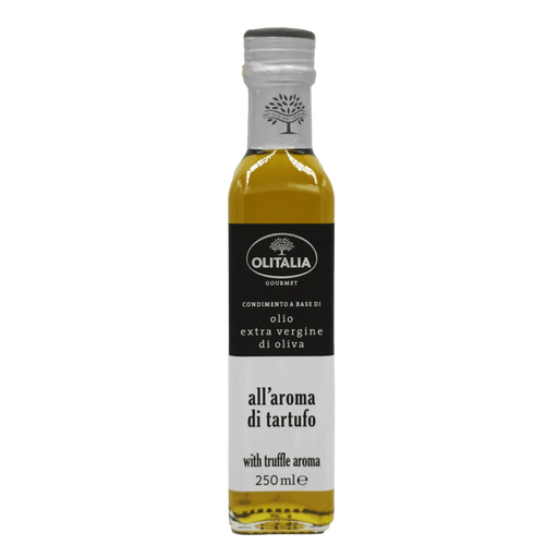 Bouteille d'huile d'olive extra vierge Olitalia à l'arôme de truffe - 250ml, design gourmet noir et blanc avec logo Olitalia.