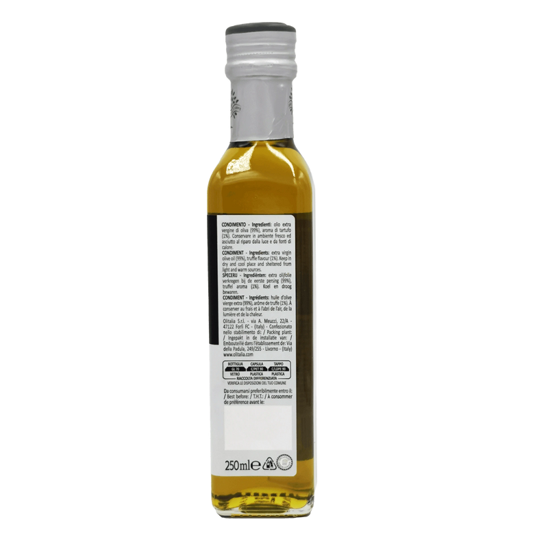Ingrédients de l'huile d'olive extra vierge Olitalia à l'arôme de truffe 250ml, étiquette détaillant la composition et les recommandations d'utilisation.