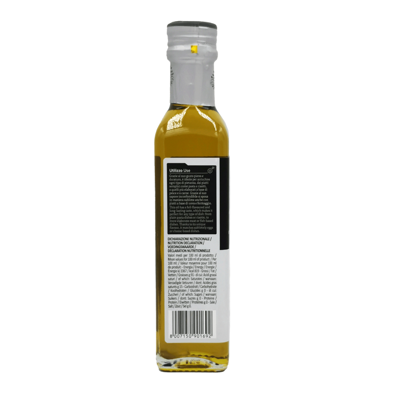 Valeurs nutritionnelles de l'huile d'olive extra vierge Olitalia à l'arôme de truffe 250ml, affichant les apports énergétiques et les lipides.