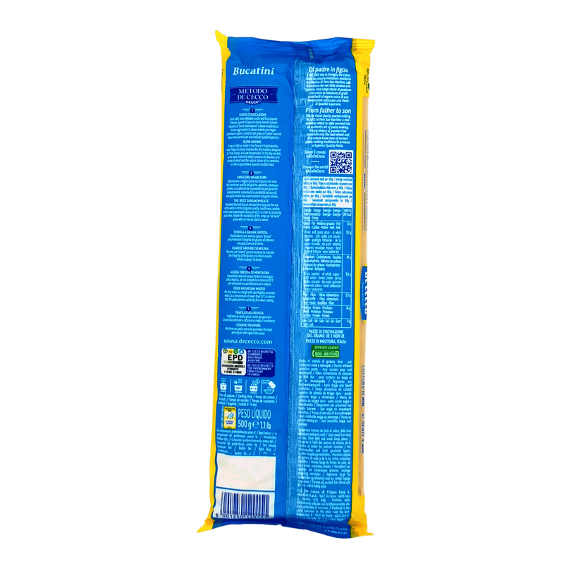 Pâtes longues Bucatini n°15 De Cecco 500g - Face arrière avec détails.