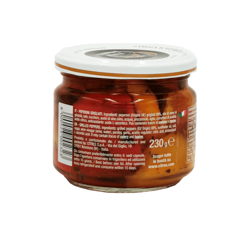 Bocal de poivrons grillés Citres 230g avec liste d'ingrédients en plusieurs langues