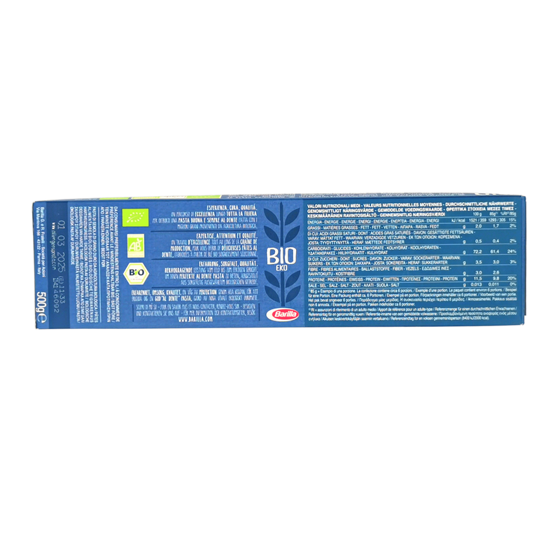 Dos du paquet de spaghettis Bio Eko N°5 Barilla 500g - Informations générales et certifications biologiques des pâtes.