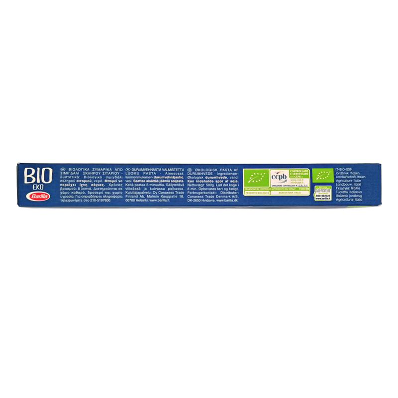 Côté du paquet de spaghettis Bio Eko N°5 Barilla 500g - Tableau des valeurs nutritionnelles et conseils de conservation.
