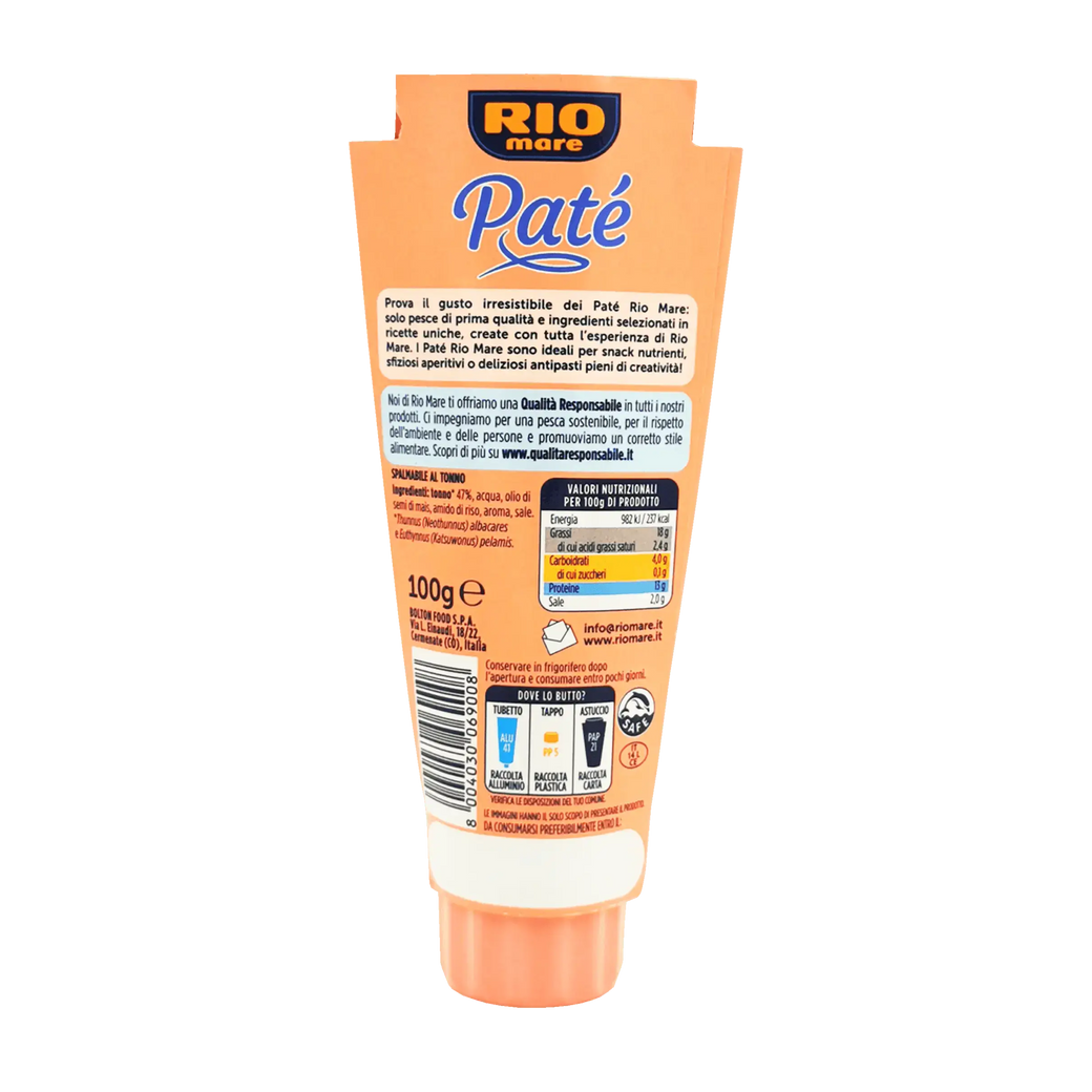 Rio Mare Thunfischcreme 100 g Tube, italienischer Gourmetaufstrich, orange Verpackung.