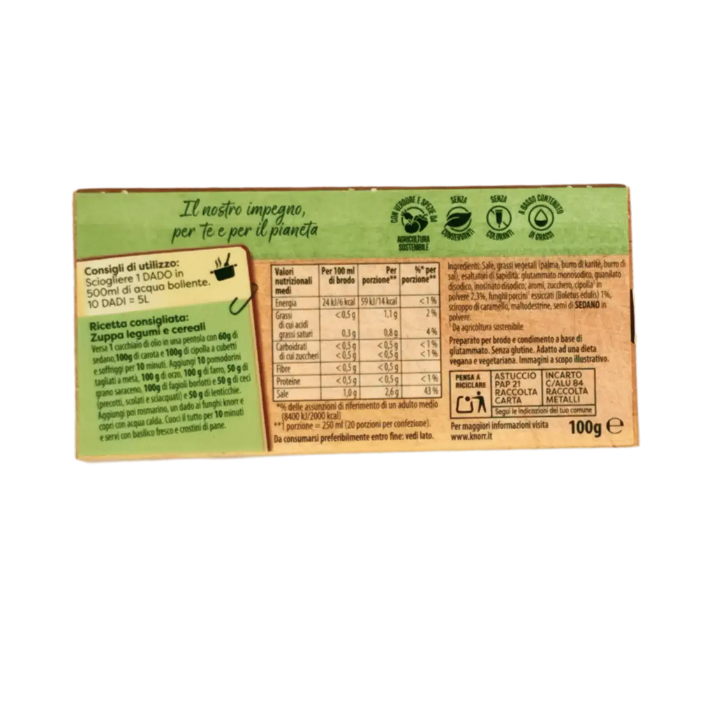 Rückansicht der Verpackung der Knorr Steinpilz-Brühewürfel mit Zutaten und Nährwertinformationen.