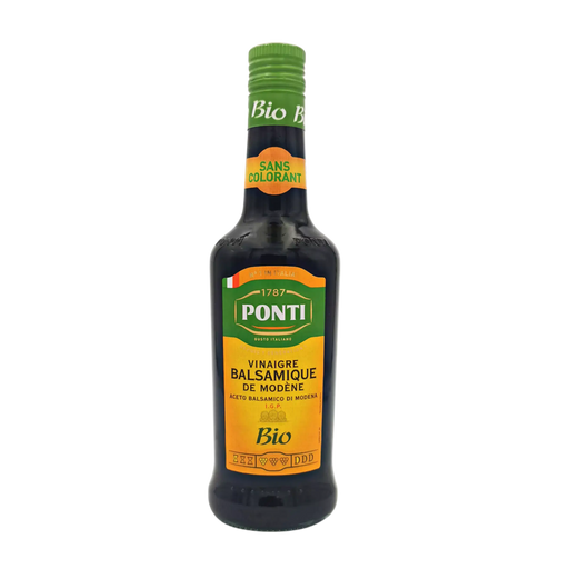 Face avant de la bouteille de vinaigre balsamique de Modène I.G.P. biologique Ponti 500ml, au design jaune et vert, avec mention "sans colorant" sur le col.
